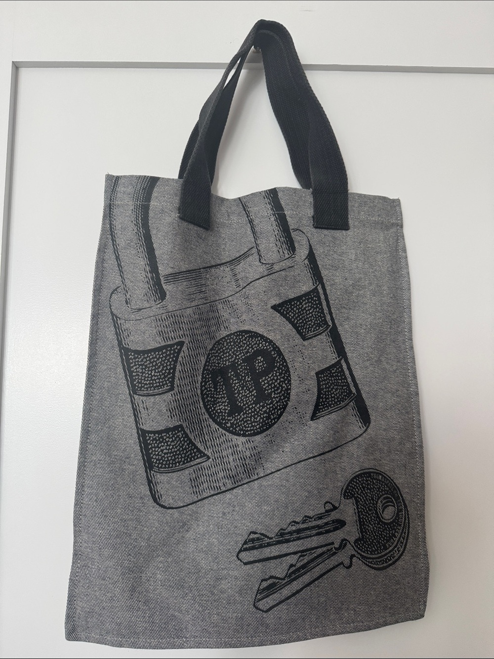 Gray Printed Canvas Tote Bag with Black Handles